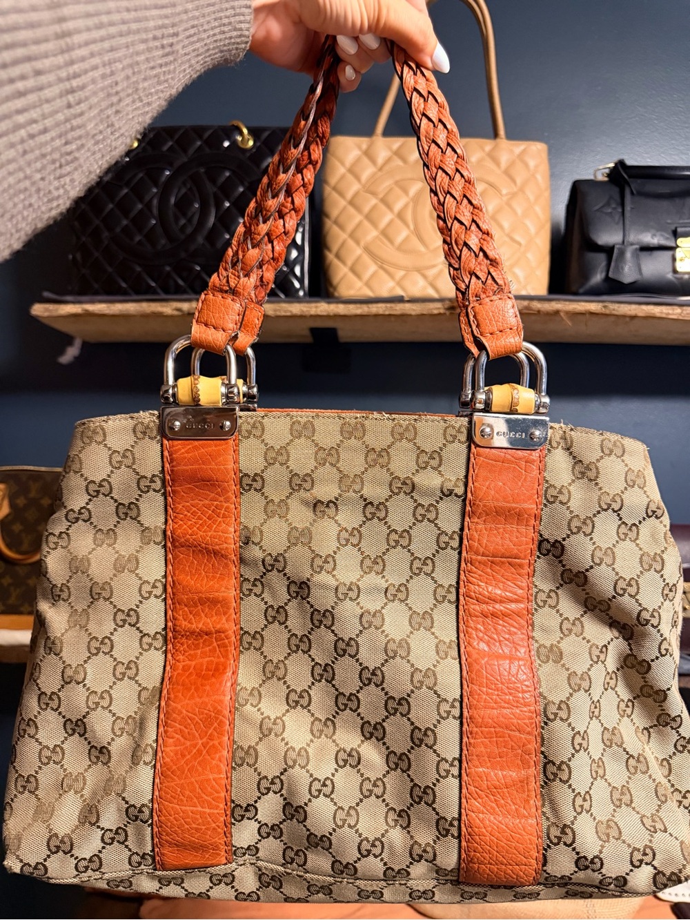 Gucci Libeccio Baboo GG Canvas Tote with Orange Leather Accents
